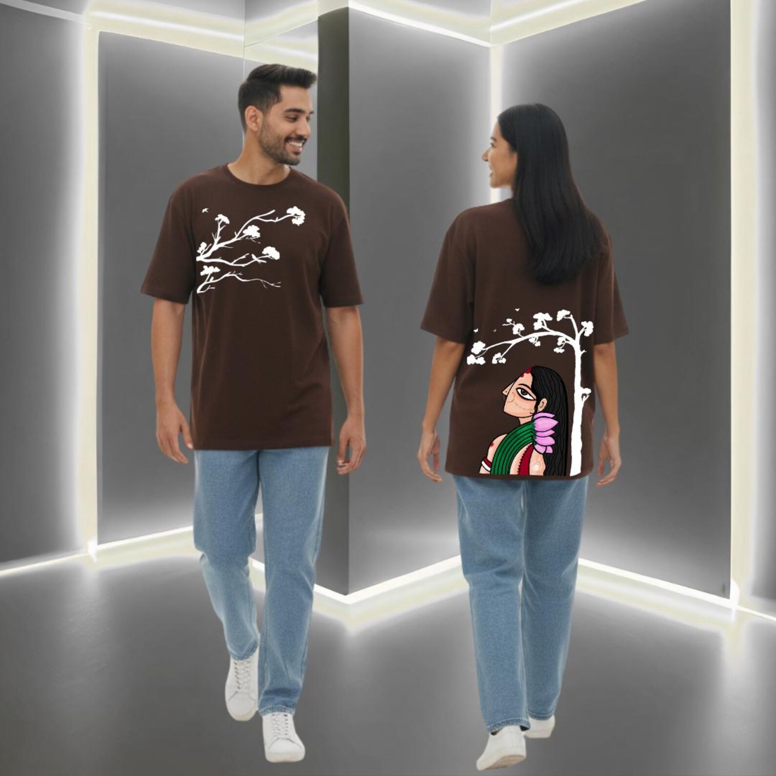 Hand-Painted Madhubani Art Oversized T-Shirt: Indian Folk Culture